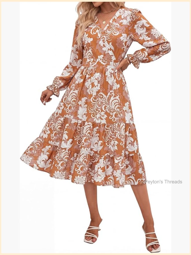 Boho Floral Midi Dress V Neck Long Sleeve Flowy Casual Wedding Guest